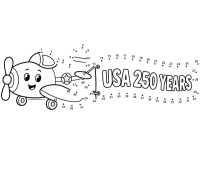 Classic biplane towing an America 250 banner across 54 printable dots