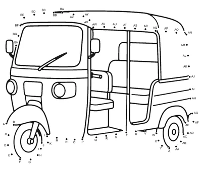 Three-wheeled auto rickshaw outlined by 60 numbered dots