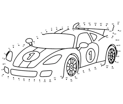 Low racing car with a rear wing outlined by 59 numbered dots