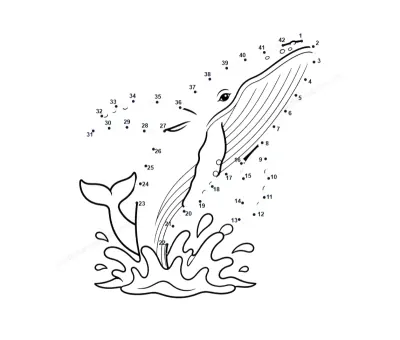 Mighty whale mid-swim, its back arched over 42 numbered printable dots